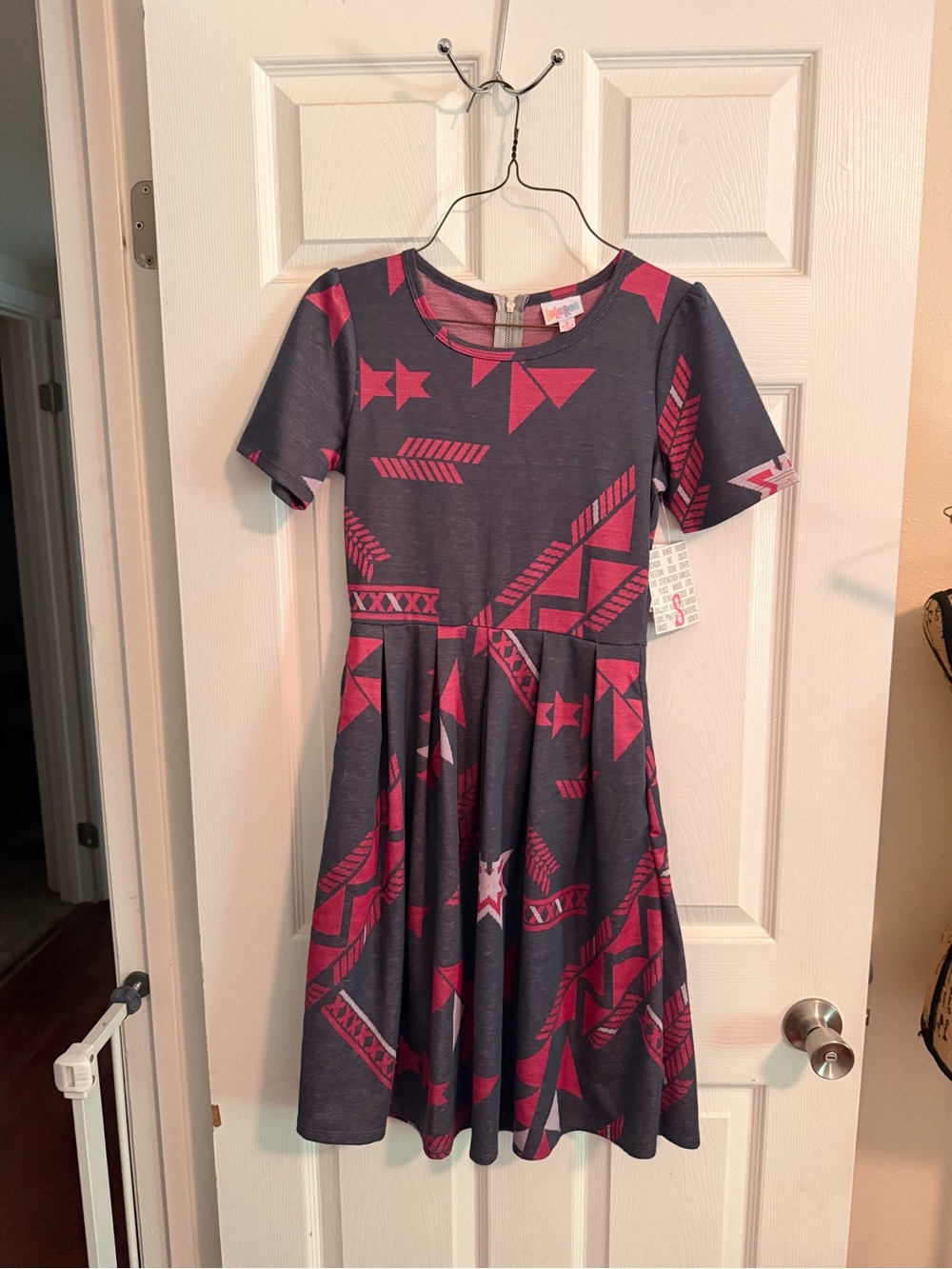 LuLaRoe Navy Dress with Pink Geometric Print